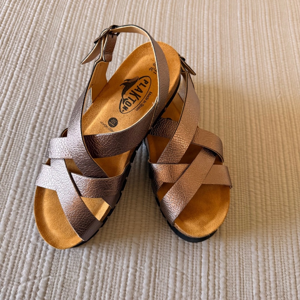 NEW Plakton Women's Bronze Metallic Leather Strappy Platform Sandals US 10 EU 41